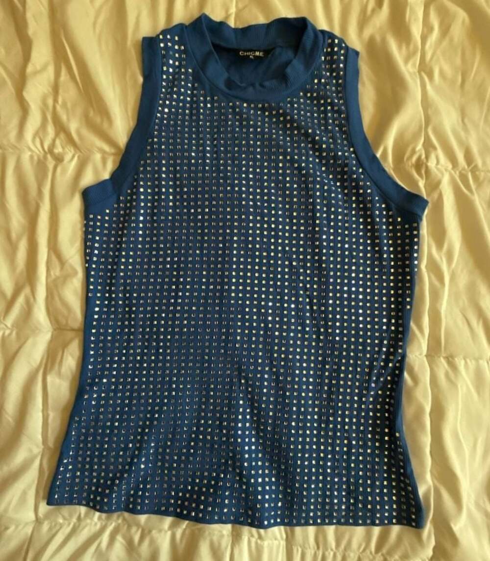 ChicMe Blue Ribbed Rhinestone Embellished Sleeveless Mock Neck Tank Top